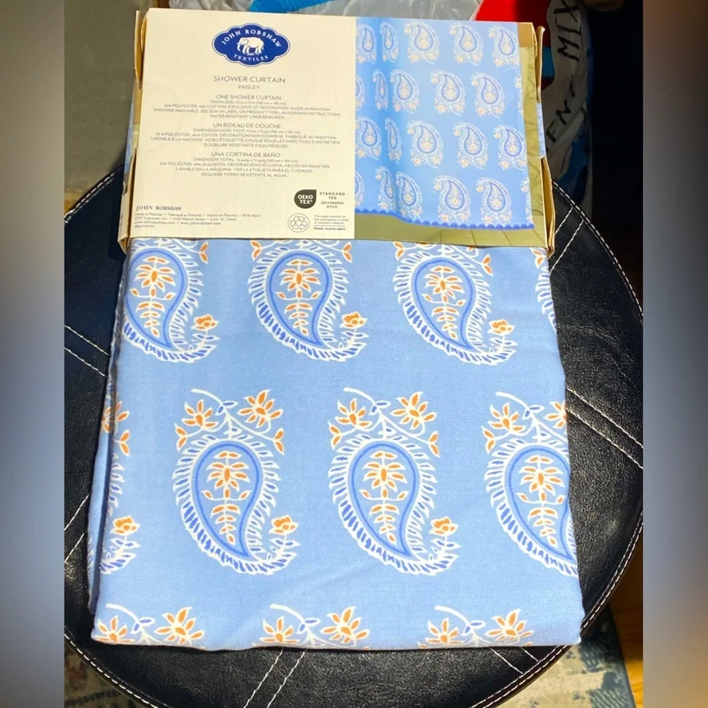 John Robshaw Textiles Paisley Luxury Embroidered Edge Blue Fabric Shower Curtain